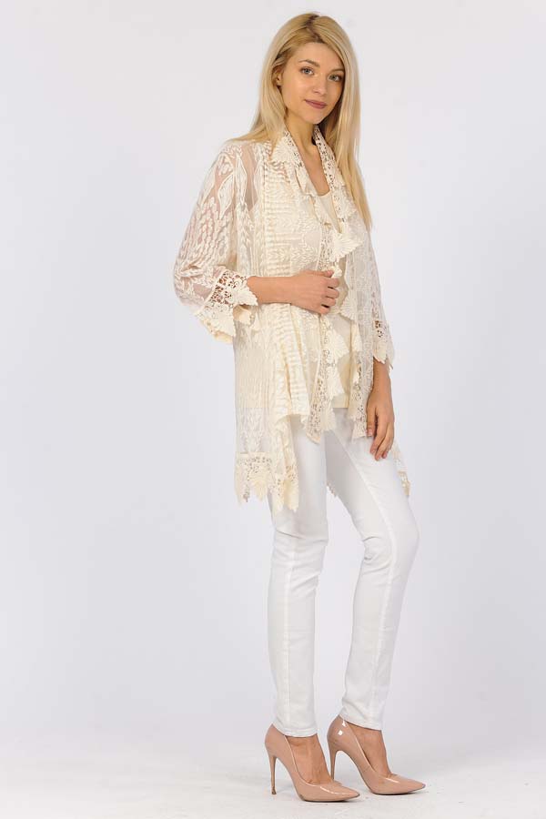 Copy of 60% Cotton 40% Poly Front Open Lace Cardigan - Natural